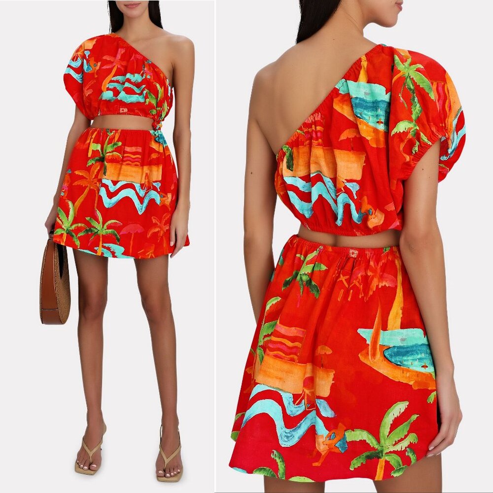 FARM Rio Red Tropical One-Shoulder Mini Dress with Aqua & Green Print